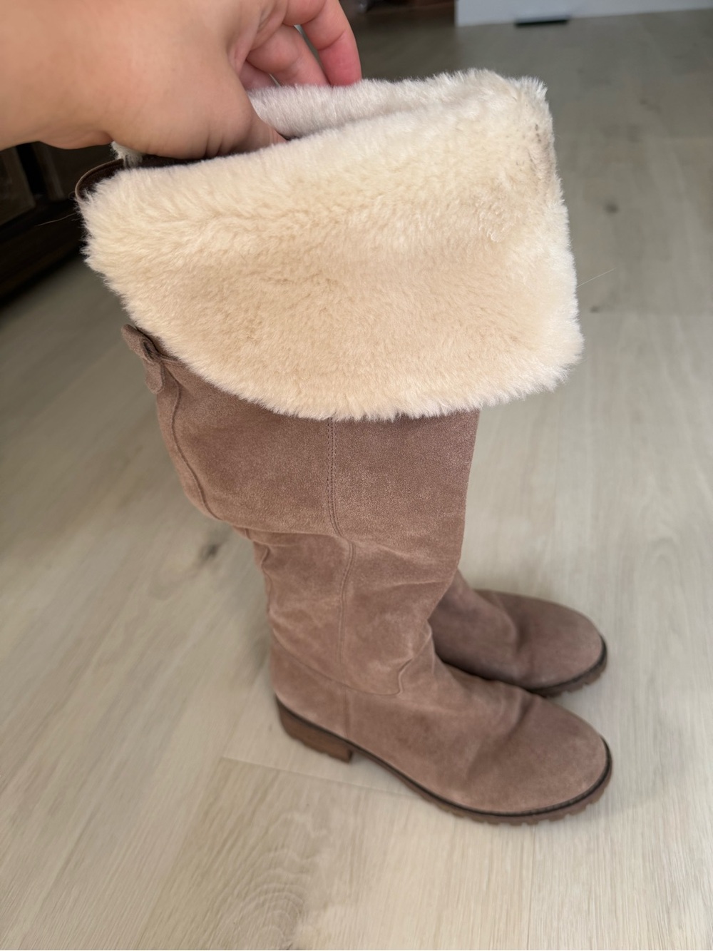 Women's Taupe Suede Winter Boots with Cream Faux-Fur Cuff